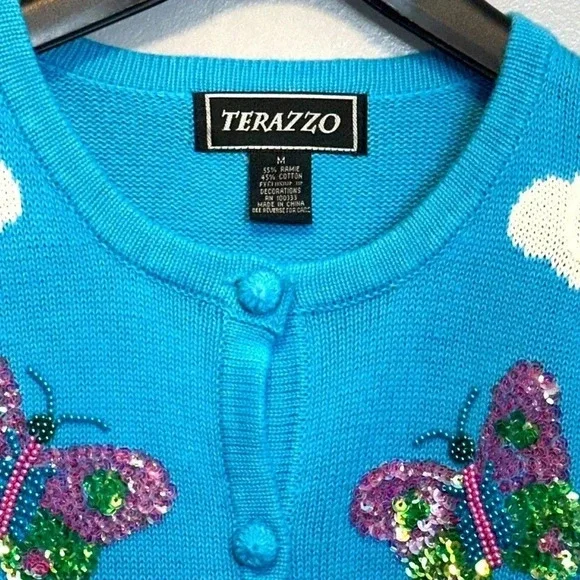 TERAZZO Women’s Vintage Fully Embellished S/S Sweater MED 55% Ramie 45% Cotton - Picture 2 of 8